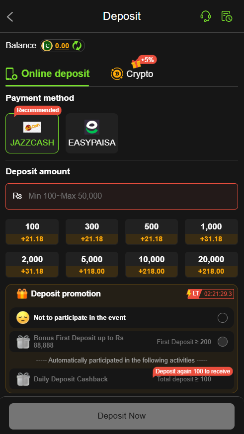 BET877 GAME wallet deposit and withdrawal screen with JazzCash and EasyPaisa options
